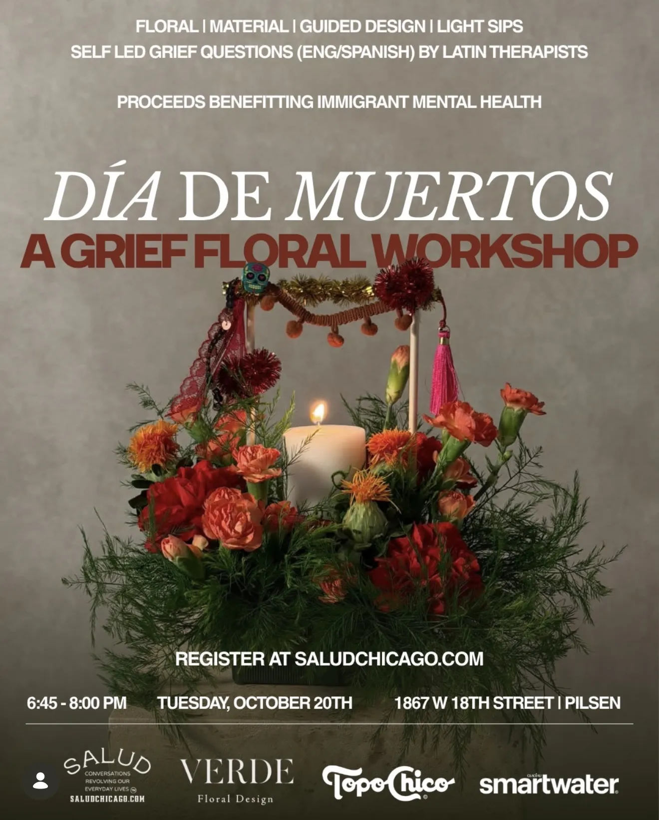 Archival poster for Día de Muertos: A Grief Floral Workshop with Salud in Pilsen