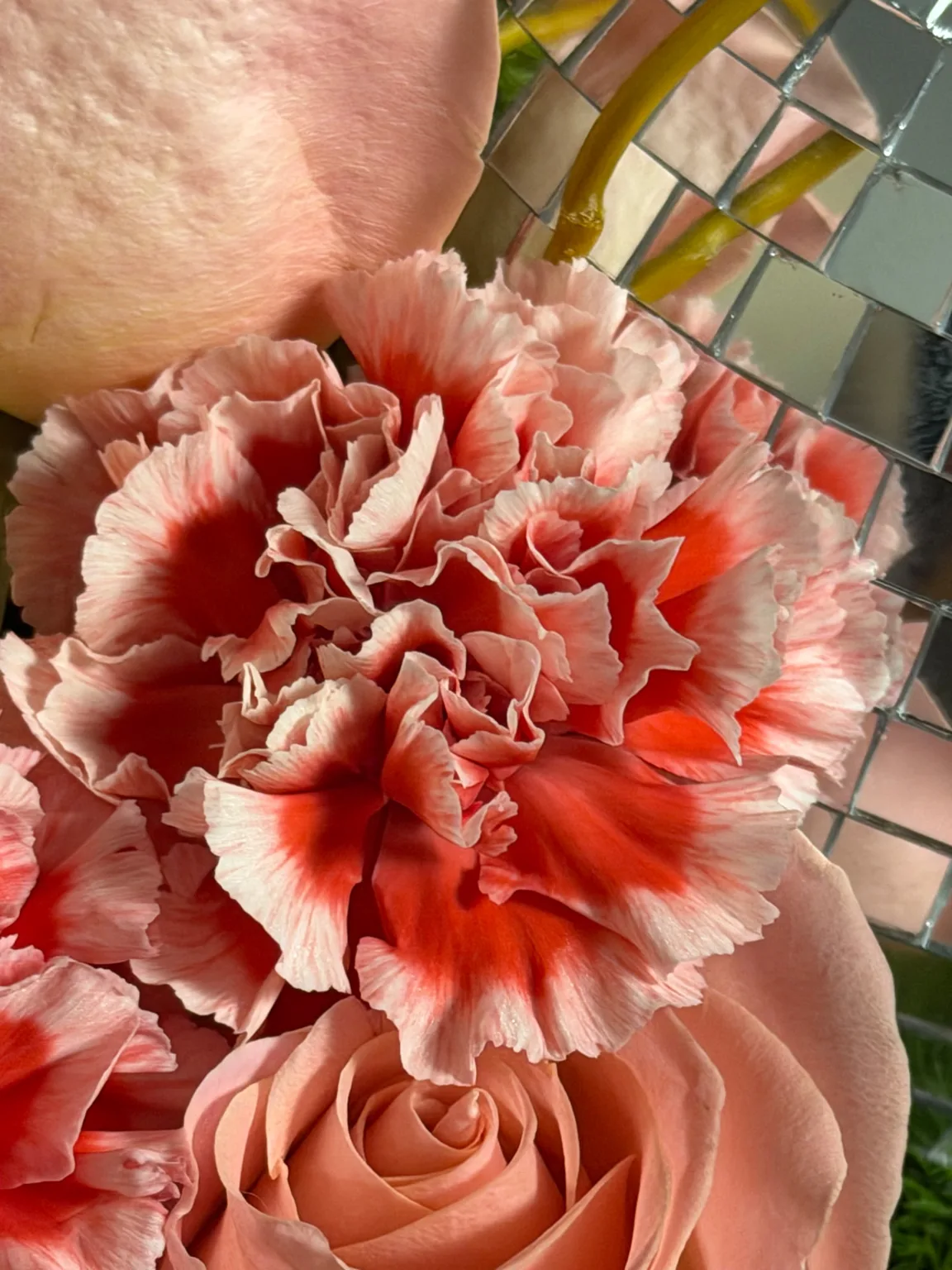 Close detail of red-edged carnations and peach roses beside a mirror ball
