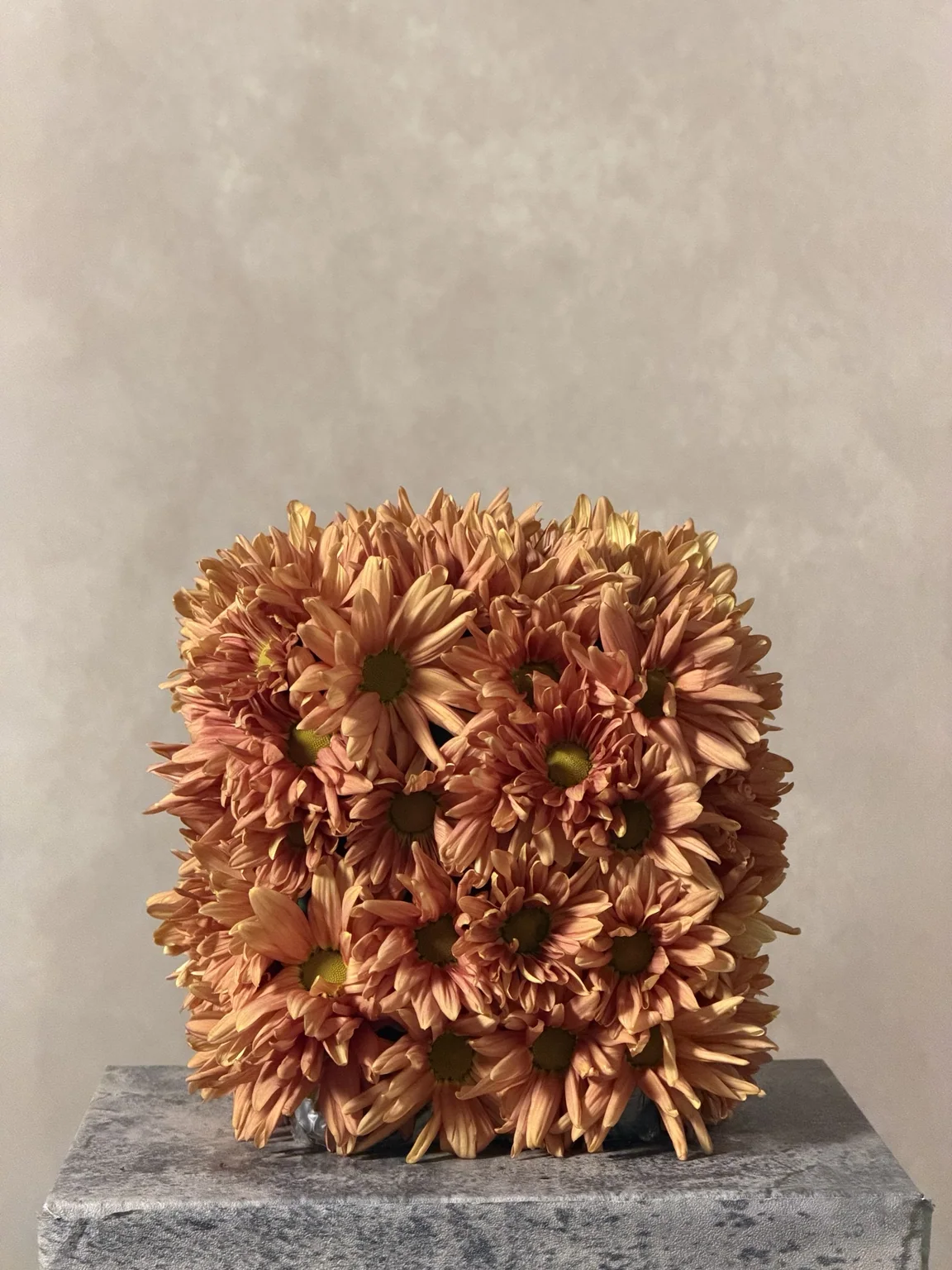 Rust chrysanthemum cube on a stone block